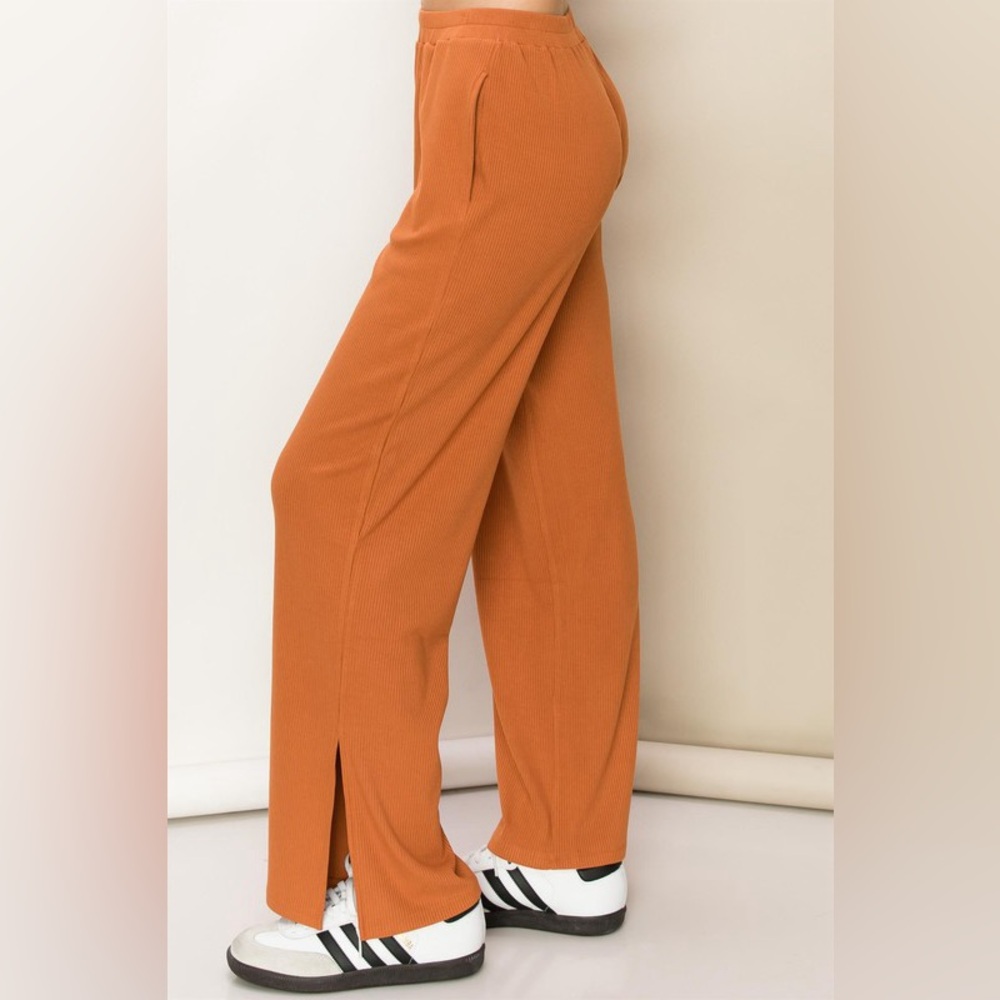 226B-RUST Ribbed Slit Side Wide Let Pants